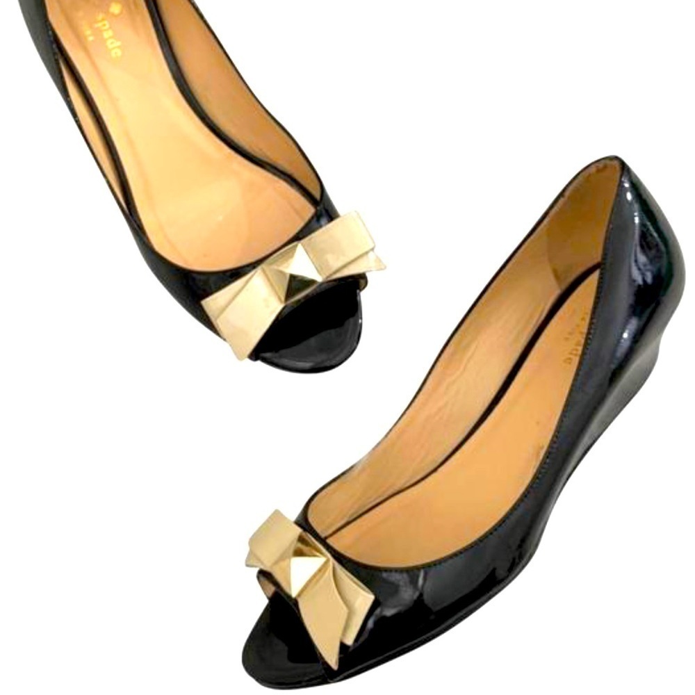 Kate Spade Tenor Black Patent Leather Bow Peep Toe Wedges Size 6